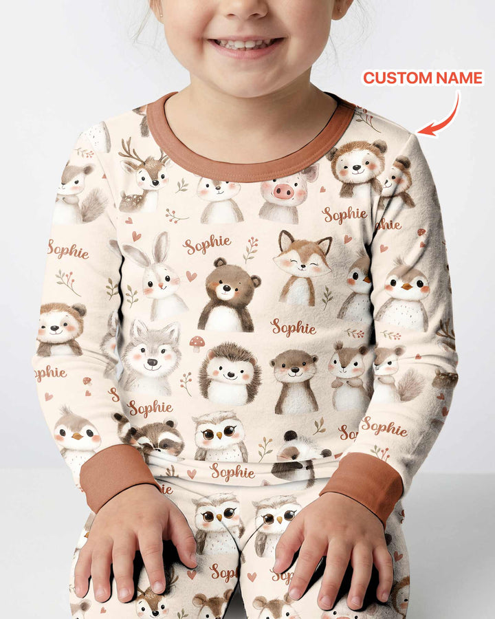 Custom Name Watercolor Woodland Bamboo Two Piece Long Sleeve Pajama Set