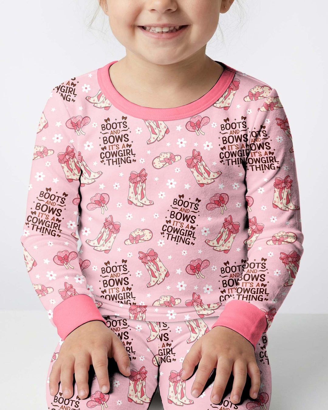 Western Cowgirl Boots And Bows Bamboo Two Piece Long Sleeve Pajama Set