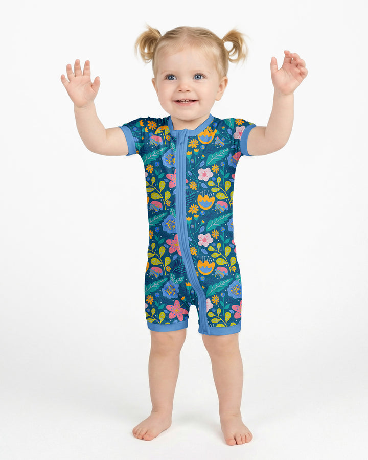 Folk Floral Bamboo Shorty Zippered Romper