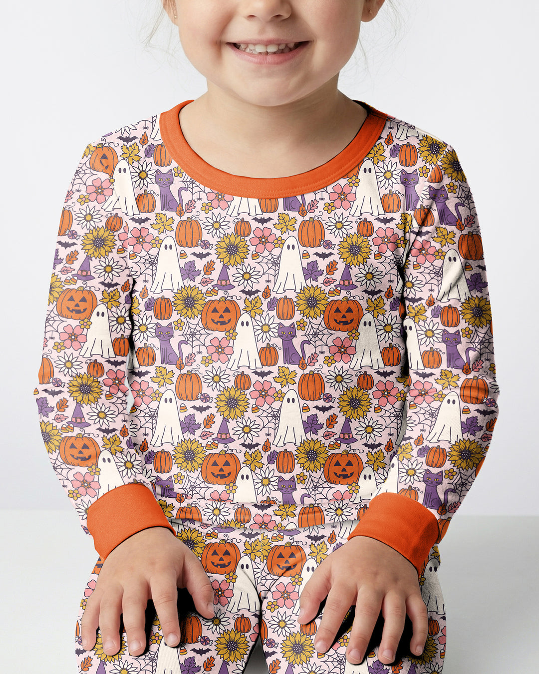Ghost Pumpkin Fall Floral Halloween Bamboo Two Piece Long Sleeve Pajama Set