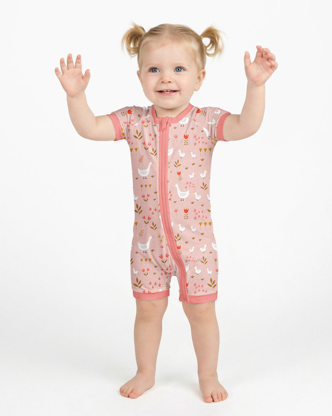 Geese and Flowers Bamboo Shorty Zippered Romper