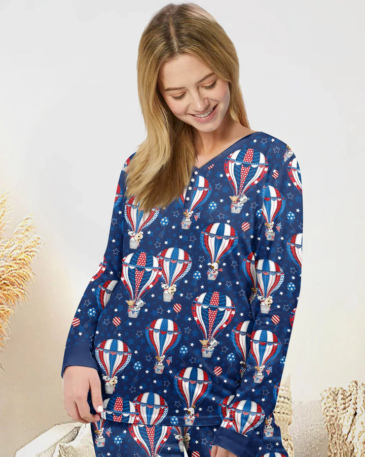 Conjunto de pijama de bambú para mujer a juego con la familia, diseño de cachorros patrióticos en globos aerostáticos