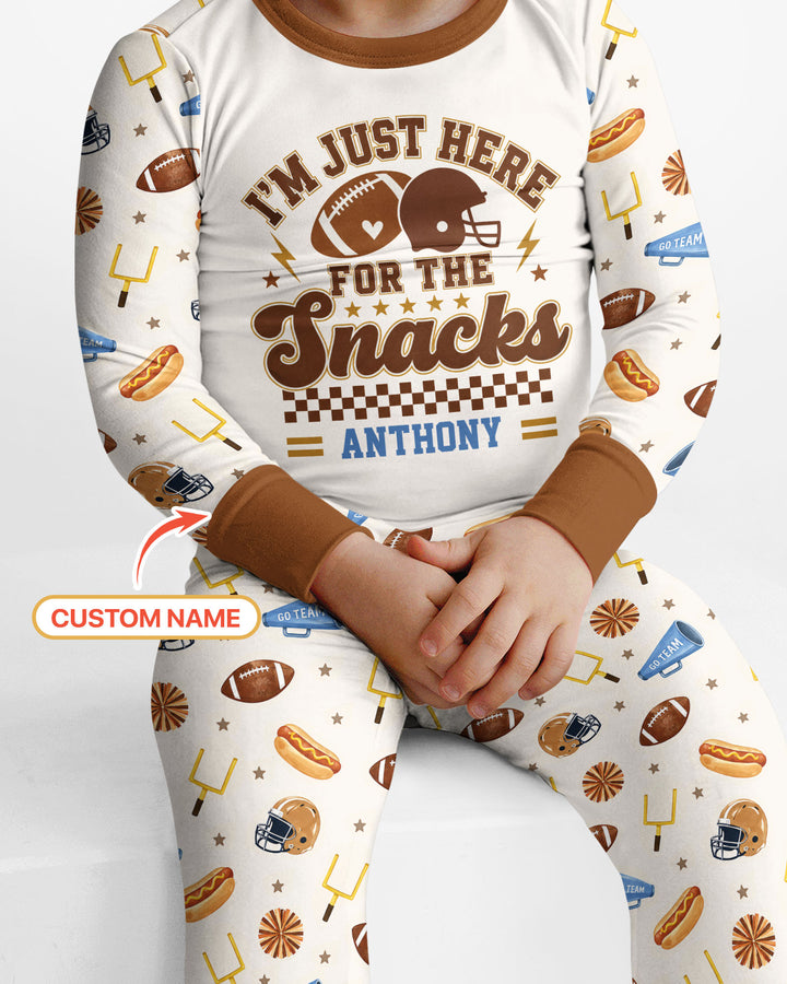 Custom Name Football I'm Just Here For The Snacks Bamboo Two Piece Long Sleeve Pajama Set
