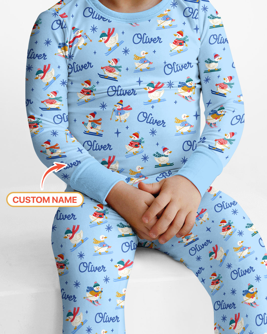 Custom Name Skiing Goose Bamboo Two Piece Long Sleeve Pajama Set