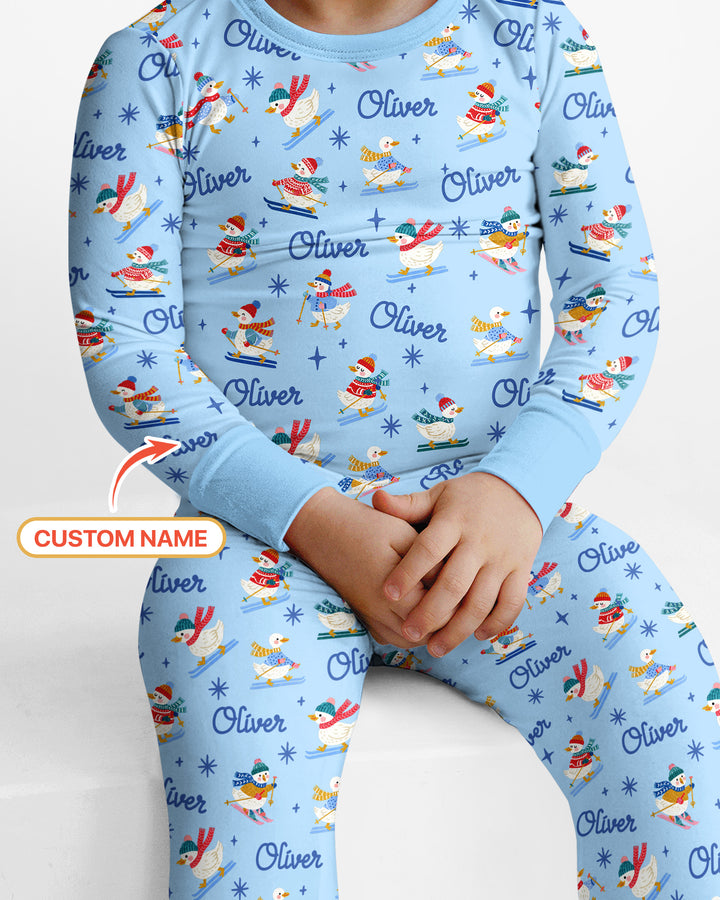 Custom Name Skiing Goose Bamboo Two Piece Long Sleeve Pajama Set
