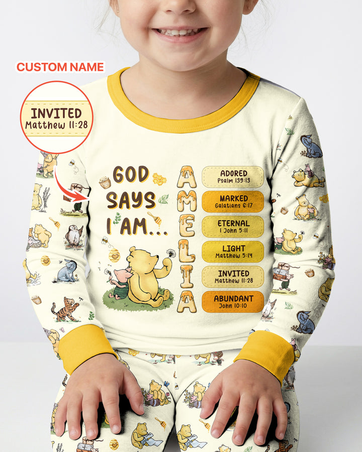 Personalized God Says I Am – Beloved Bear Bamboo Two Piece Long Sleeve Pajama Set