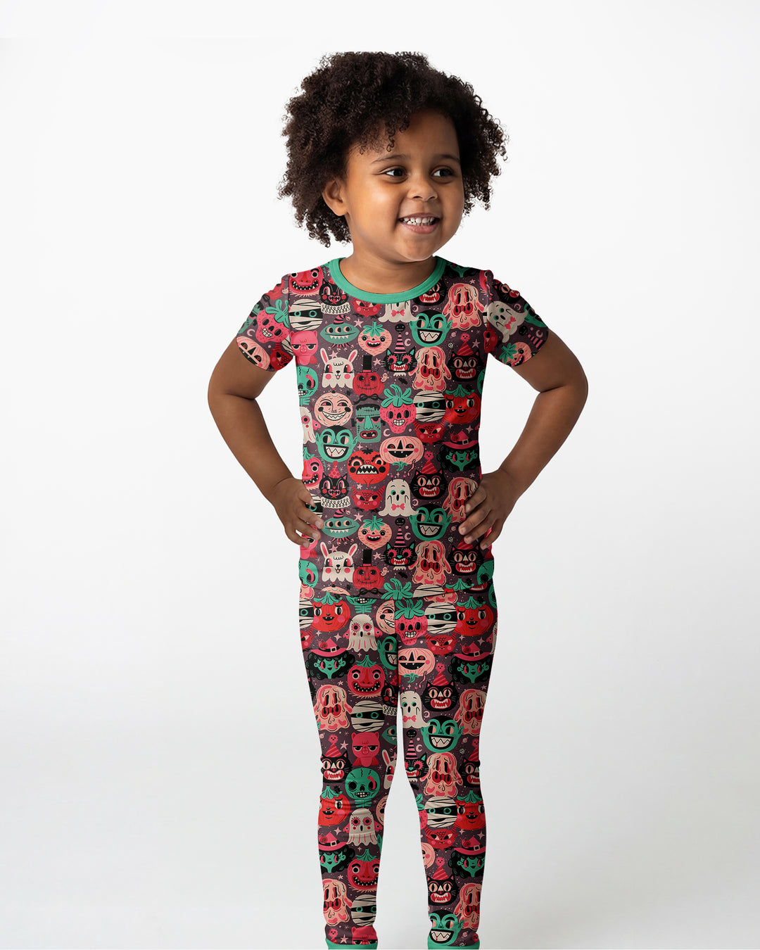 Retro Halloween Monsters Ghost Pumpkin Mummy Bamboo Two Piece Short Sleeve Pajama Set
