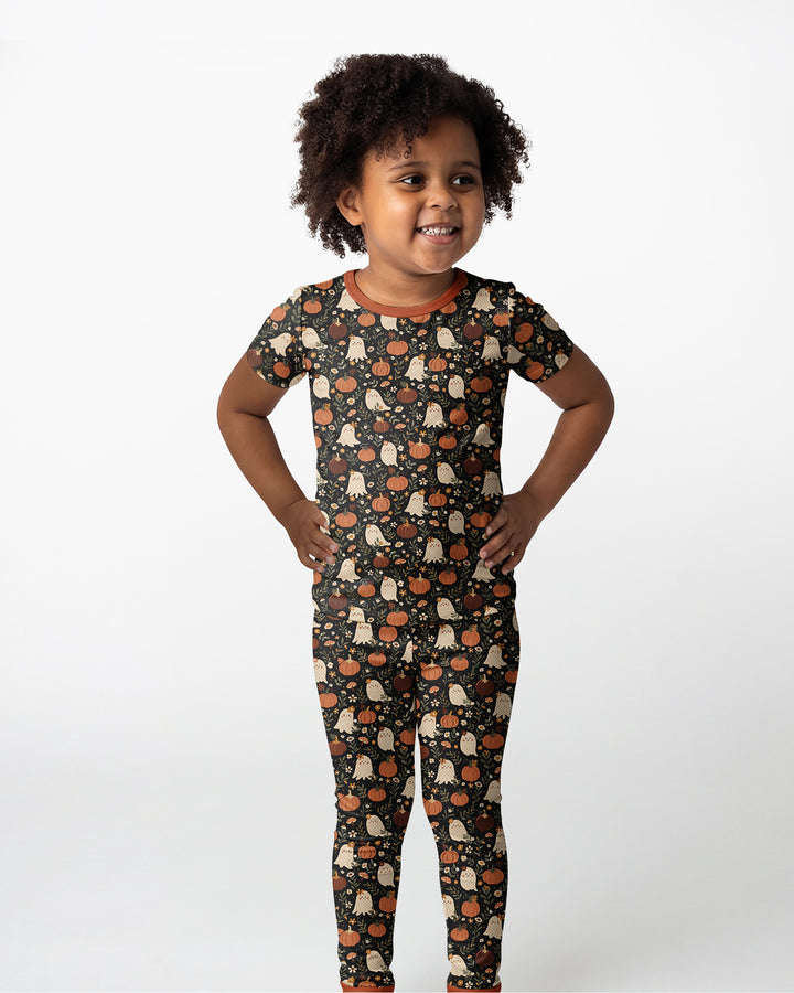 Ghost Pumpkin Harvest Floral Halloween Bamboo Two Piece Short Sleeve Pajama Set