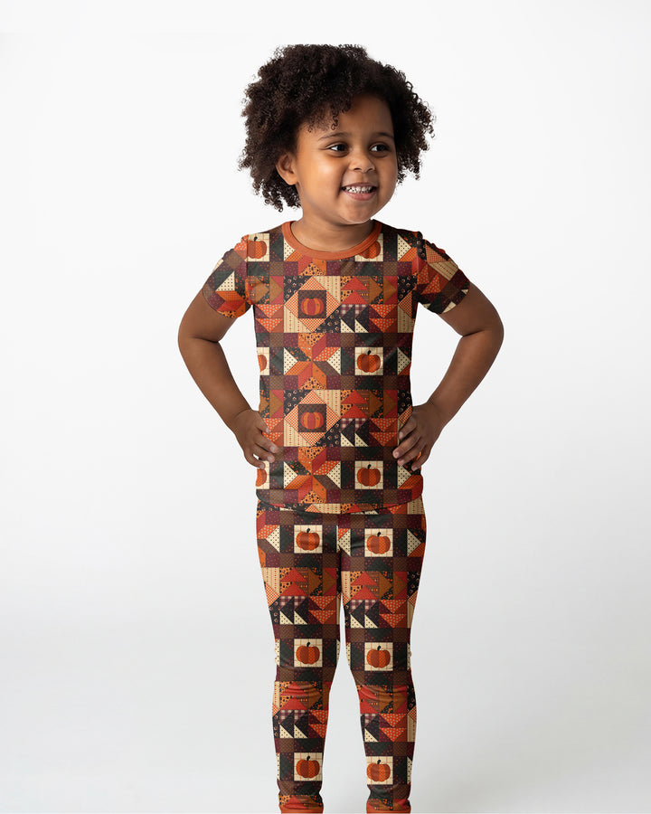 Vintage Pumpkin Patchwork Fall Bamboo Two Piece Short Sleeve Pajama Set