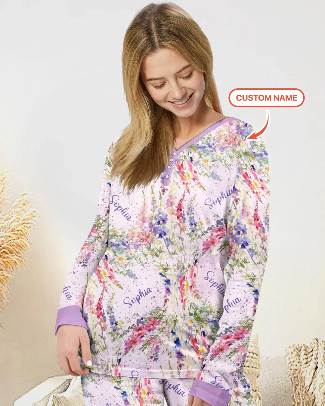 Benutzerdefinierter Name Geburtsmonatsblumen Bambus Damen Schlafanzug-Set