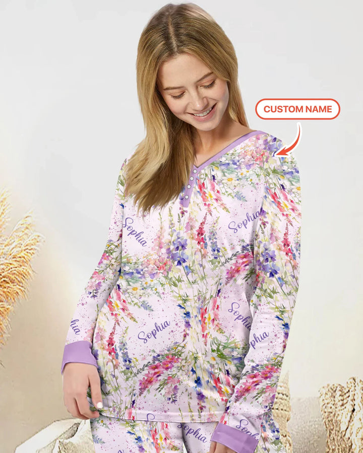 Benutzerdefinierter Name Geburtsmonatsblumen Bambus Damen Schlafanzug-Set