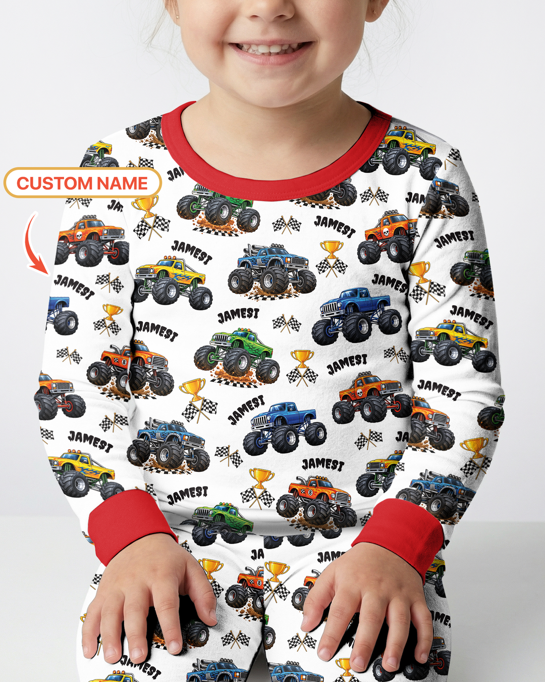 Custom Name Monster Trucks Bamboo Two Piece Long Sleeve Pajama Set