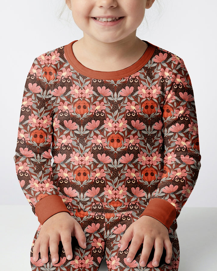 Spooky Owl Pumpkin Folk Floral Halloween Bamboo Two Piece Long Sleeve Pajama Set