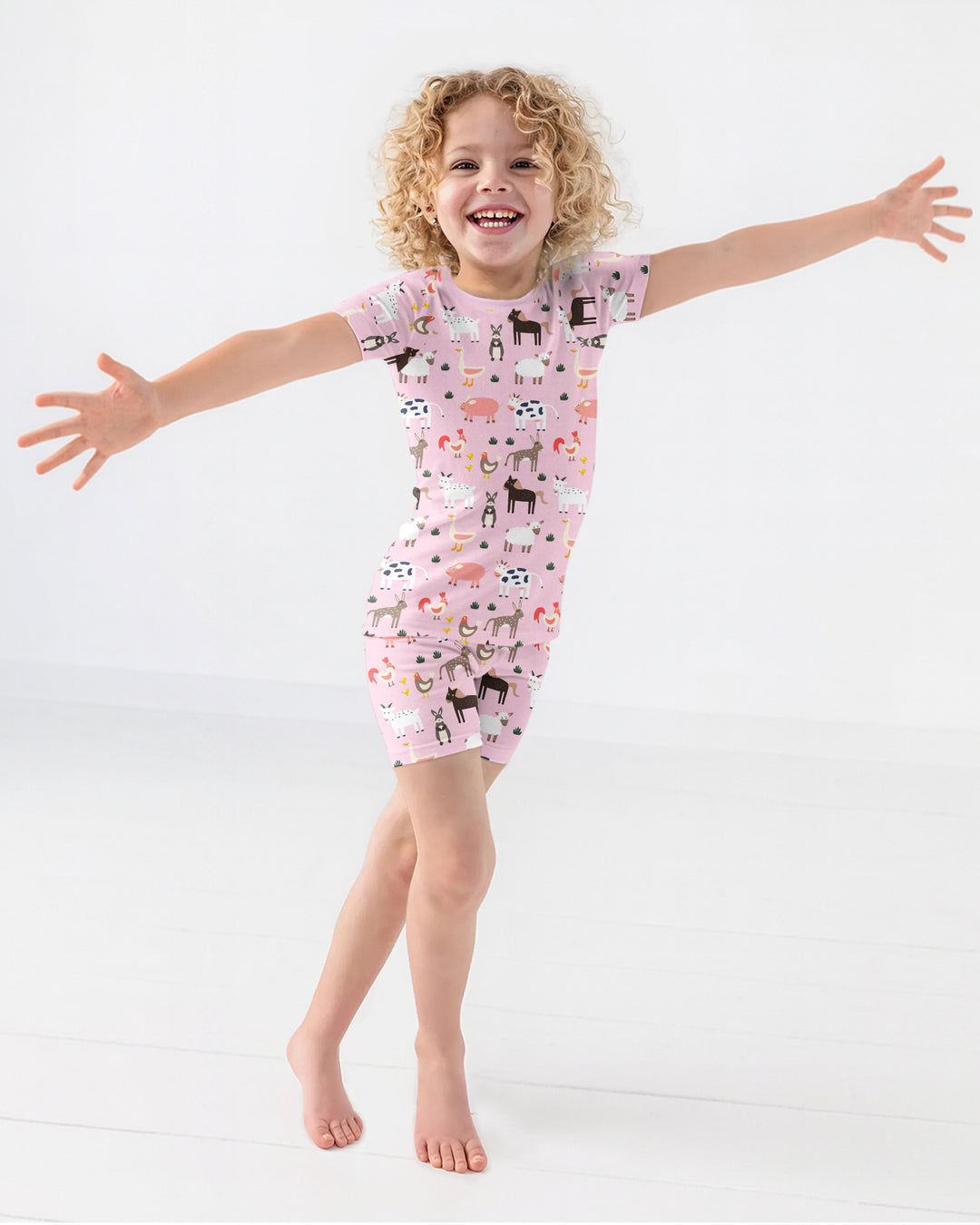 Rosa Bauernhoftiere Bambus Zweiteiliger Kurzarm Shorts Pyjama-Set
