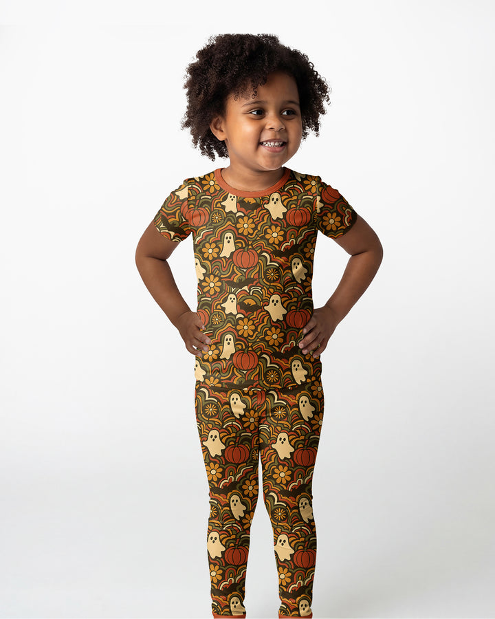 Retro Halloween Ghost Pumpkin Floral Bamboo Two Piece Short Sleeve Pajama Set