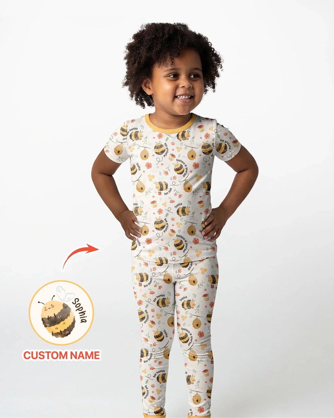 Bee Kind Custom Name Bamboo Two Piece Short Sleeve Pajama Set