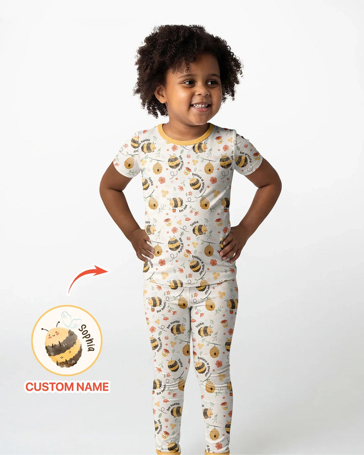 Bee Kind Custom Name Bamboo Two Piece Short Sleeve Pajama Set