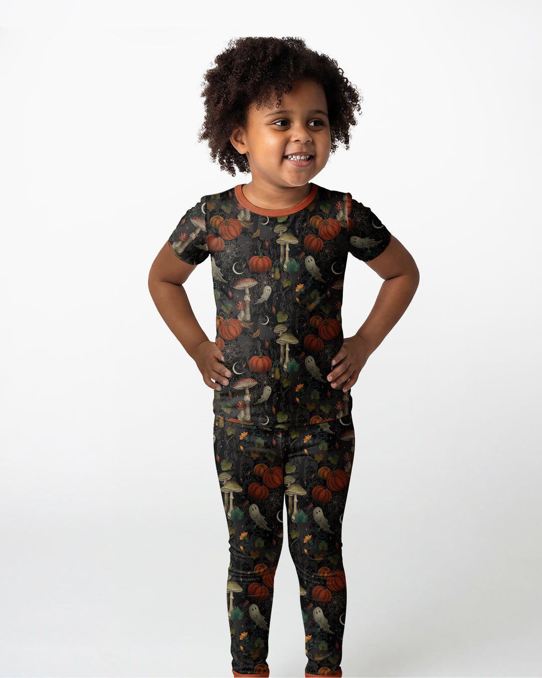 Spooky Cute Ghost Pumpkin Mushroom Halloween Bamboo Two Piece Short Sleeve Pajama Set