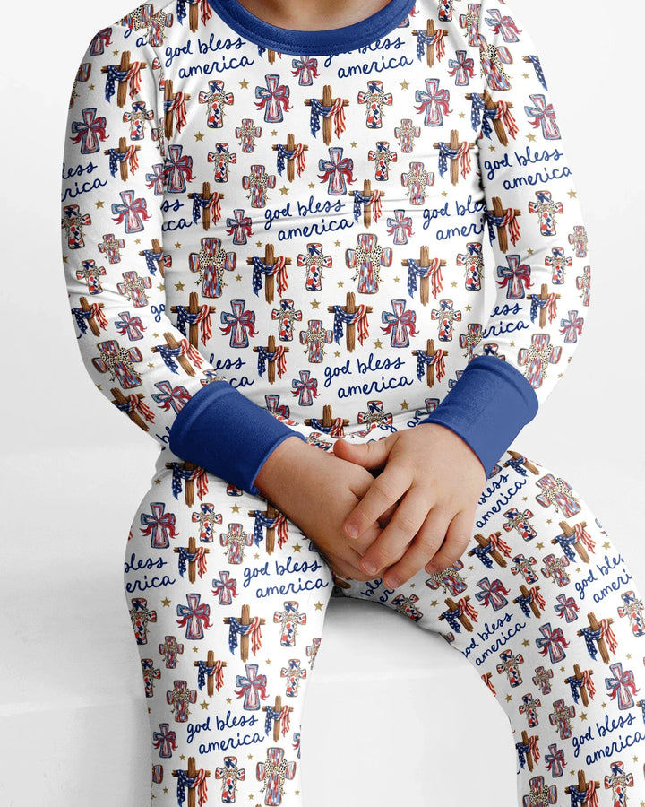 God Bless America Family Matching Bamboo Two Piece Long Sleeve Pajama Set