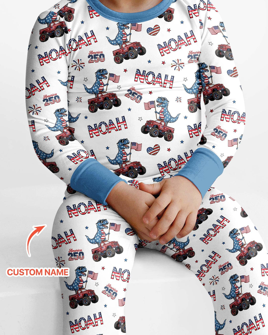 Custom Name American Flag Dinosaur Bamboo Two Piece Long Sleeve Pajama Set