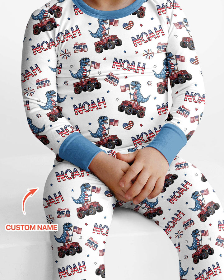 Custom Name American Flag Dinosaur Bamboo Two Piece Long Sleeve Pajama Set