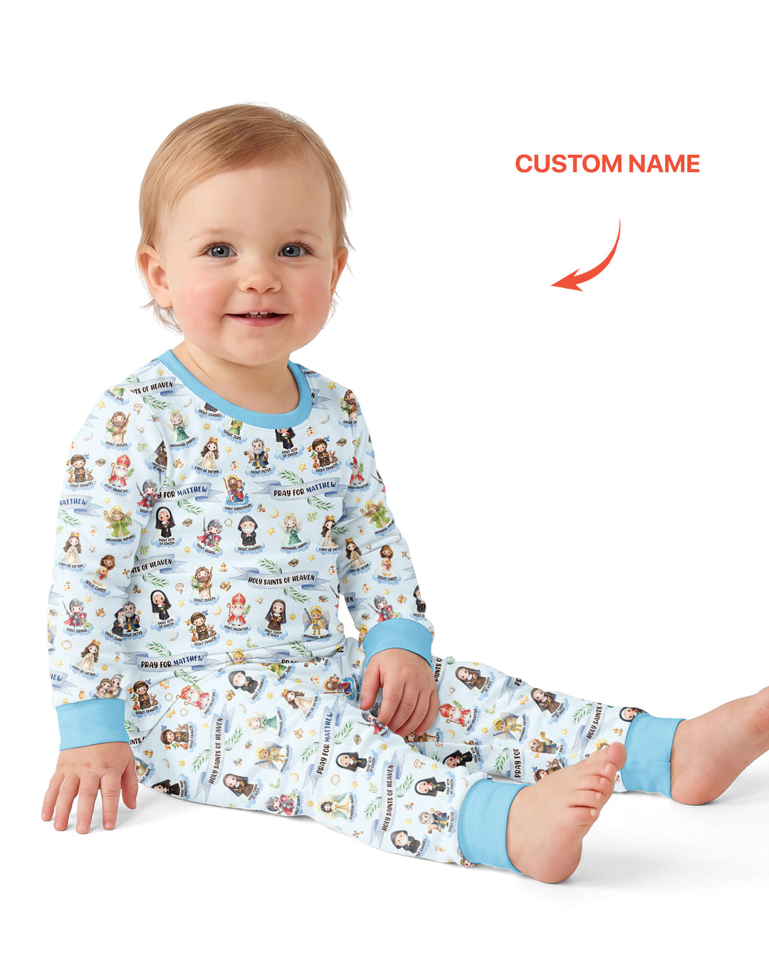 Santas y Santos del Cielo Juego de Pijama de Dos Piezas de Bambú de Manga Larga con Nombre Personalizado