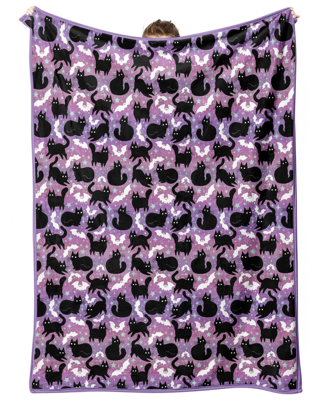Spooky Black Cat Halloween Purple Bats Bamboo Blanket