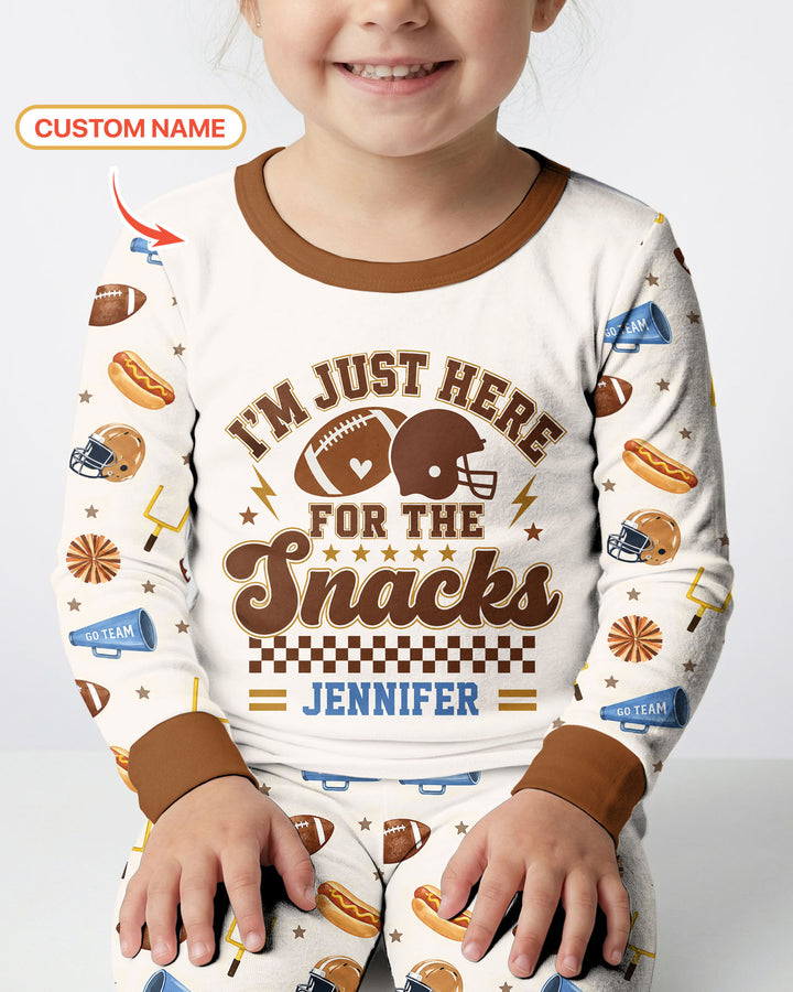 Custom Name Football I'm Just Here For The Snacks Bamboo Two Piece Long Sleeve Pajama Set