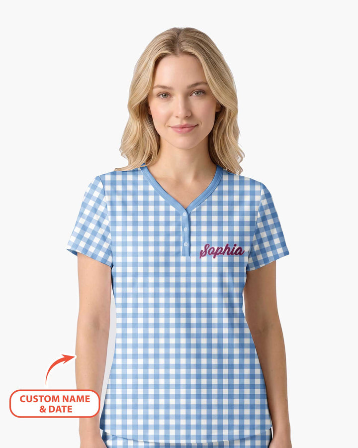 Embroidered Seersucker Bamboo Women Short Sleeve Short Pajama Set