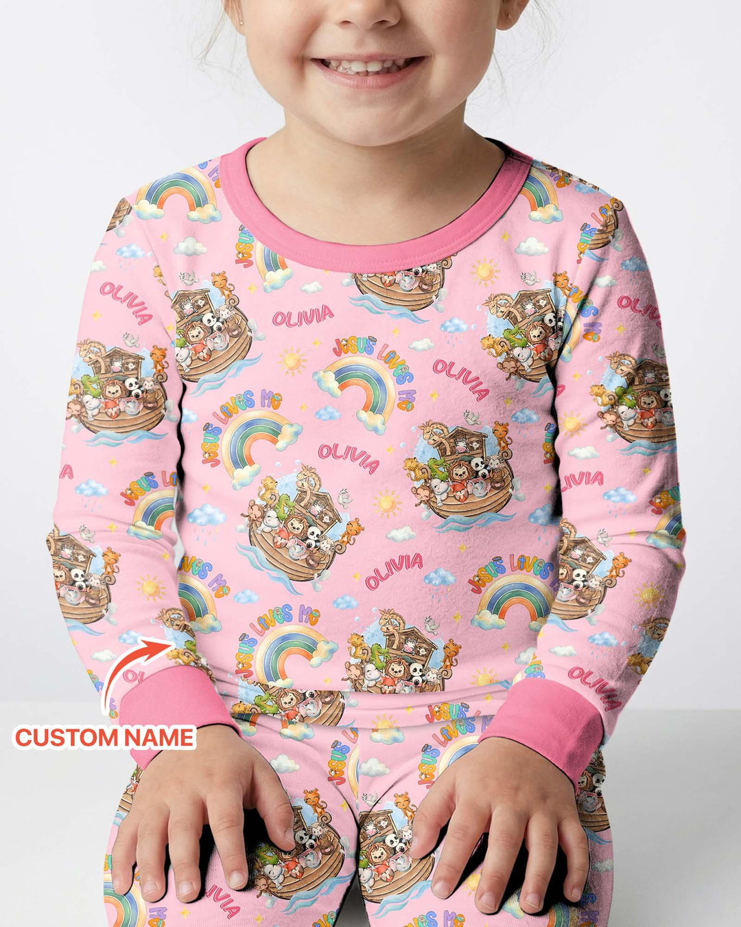 Custom Name Jesus Loves Me Noah's Ark Bamboo Two Piece Long Sleeve Pajama Set