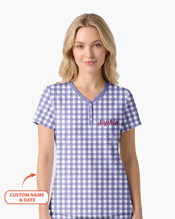 Embroidered Seersucker Bamboo Women Short Sleeve Short Pajama Set