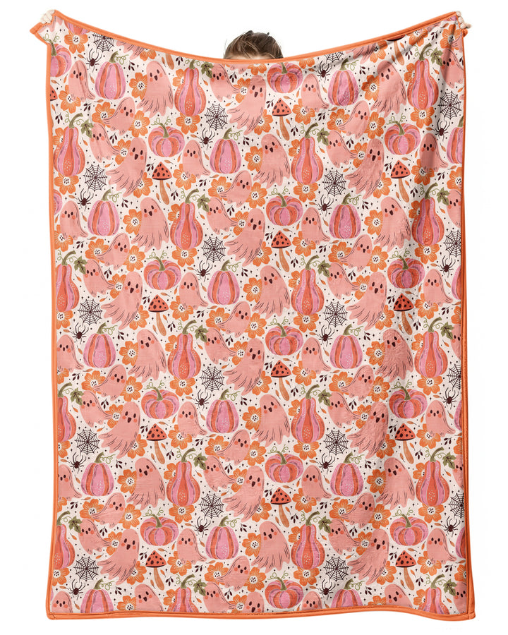 Pink Ghost Pumpkin Fall Floral Halloween Bamboo Blanket
