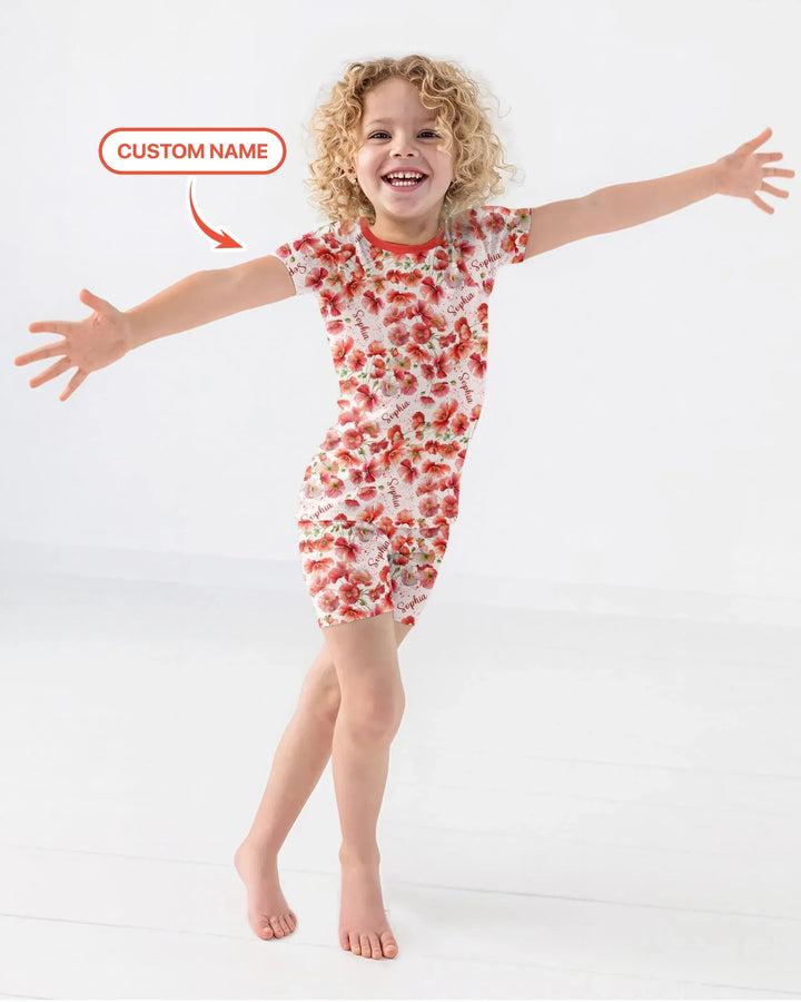 Custom Name Birth Month Flowers Bamboo Two Piece Short Sleeve Shorts Pajama Set