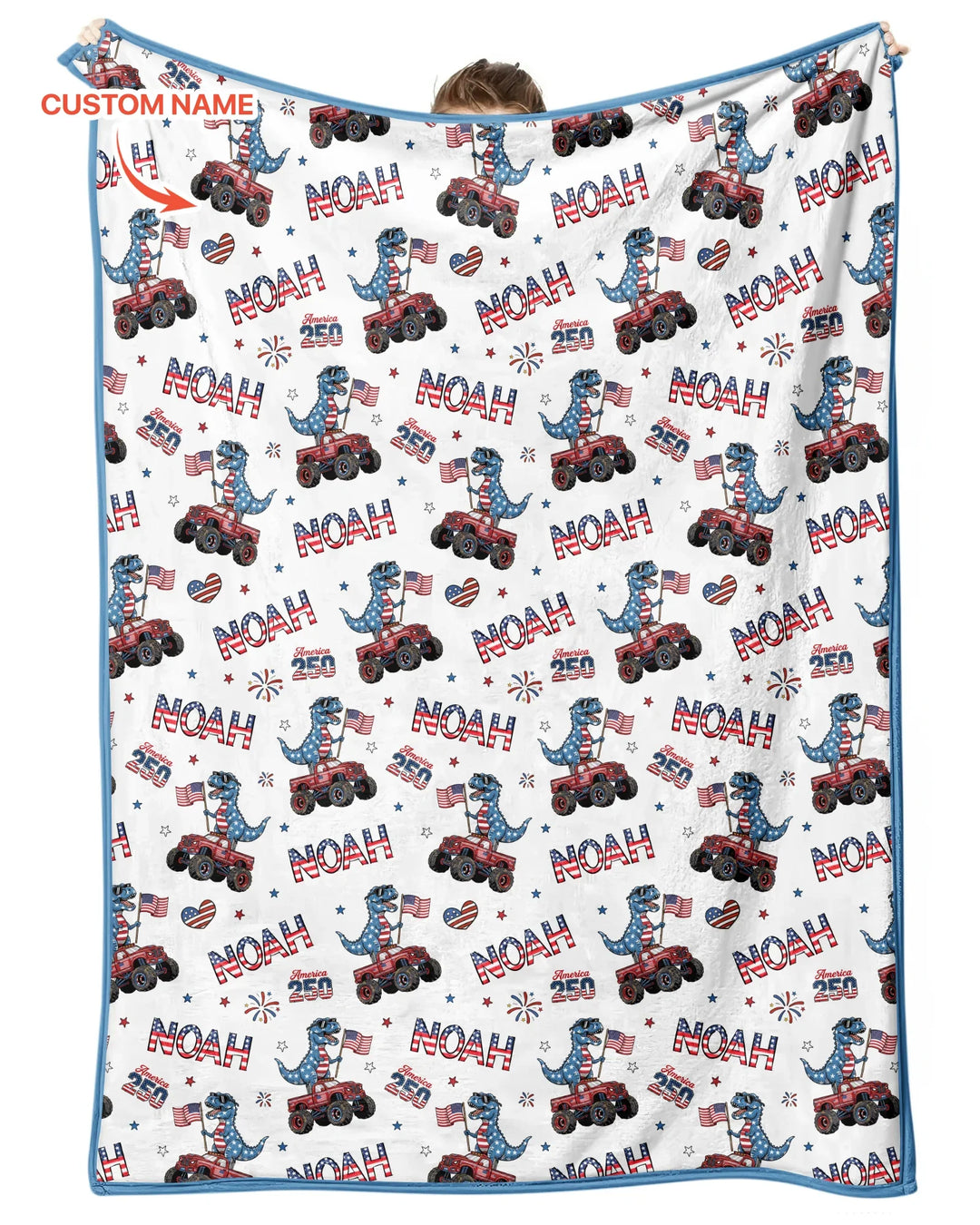 Custom Name American Flag Dinosaur Bamboo Blanket