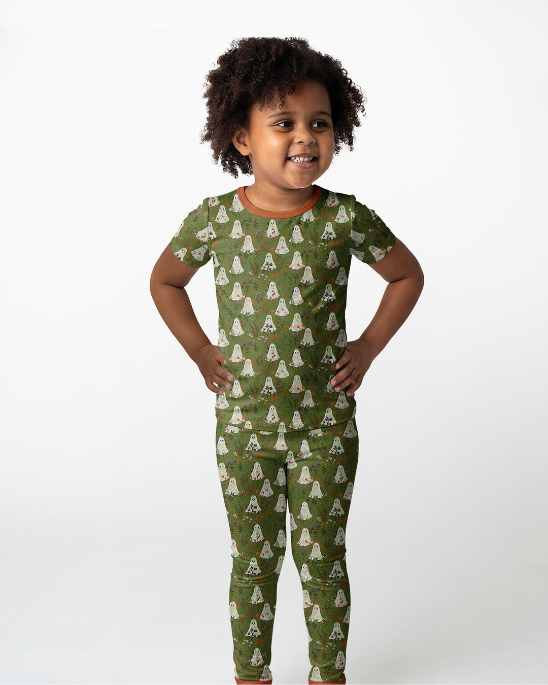 Cute Ghost Halloween Moss Green Floral Bamboo Two Piece Short Sleeve Pajama Set