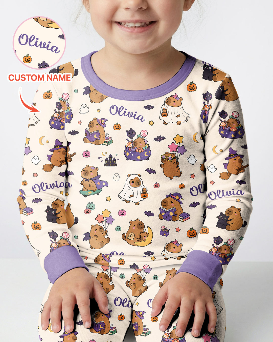 Custom Name Kawaii Halloween Capybara Bamboo Two Piece Long Sleeve Pajama Set