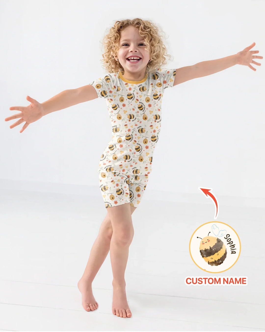 Bee Kind Custom Name Bamboo Two Piece Short Sleeve Shorts Pajama Set
