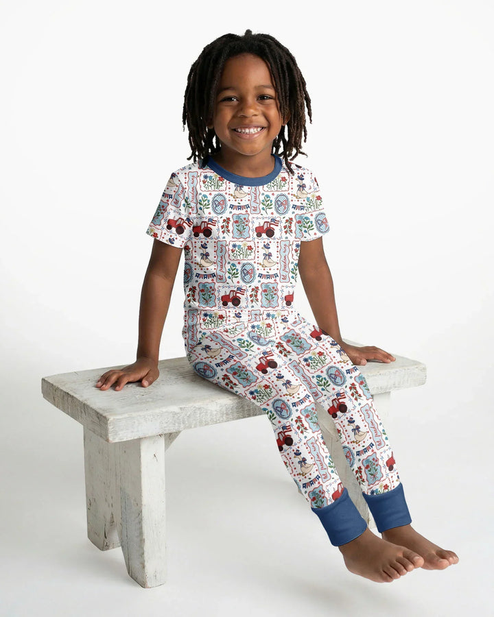 Pijama de dos piezas de bambú de manga corta a juego para la familia, diseño de ganso tonto, estilo patriótico de EE. UU.