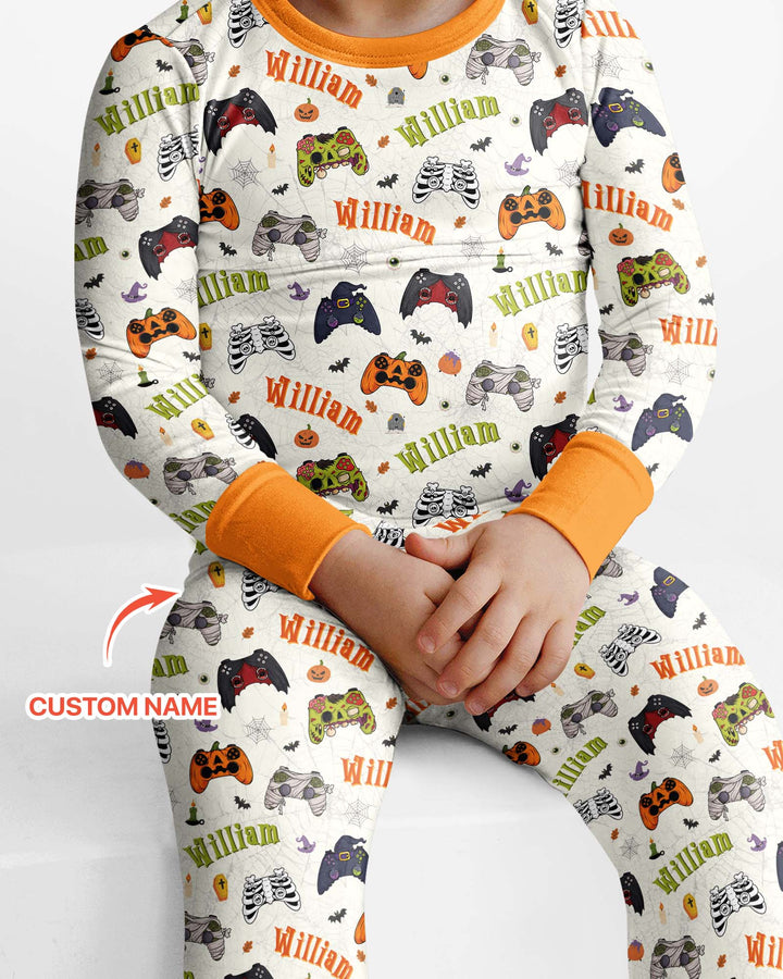 Custom Name Halloween Gaming Controllers Bamboo Two Piece Long Sleeve Pajama Set