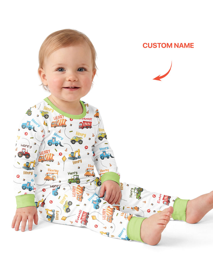 Construction Vehicles Custom Name Bamboo Two Piece Long Sleeve Pajama Set