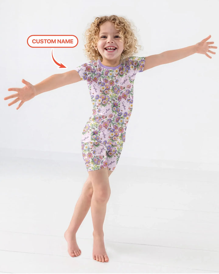 Custom Name Birth Month Flowers Bamboo Two Piece Short Sleeve Shorts Pajama Set
