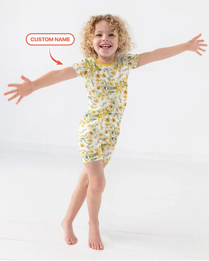 Custom Name Birth Month Flowers Bamboo Two Piece Short Sleeve Shorts Pajama Set