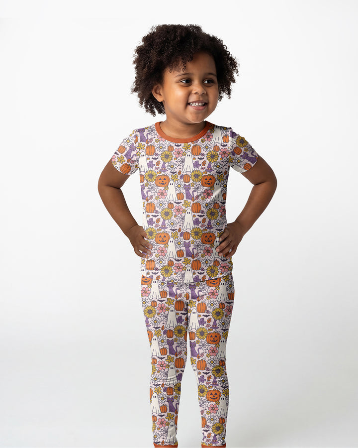 Ghost Pumpkin Fall Floral Halloween Bamboo Two Piece Short Sleeve Pajama Set