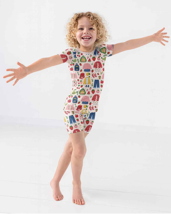 Strawberry School Style Bamboo Two Piece Short Sleeve Shorts Pajama Set