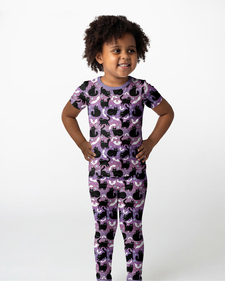 Spooky Black Cat Halloween Purple Bats Bamboo Two Piece Short Sleeve Pajama Set