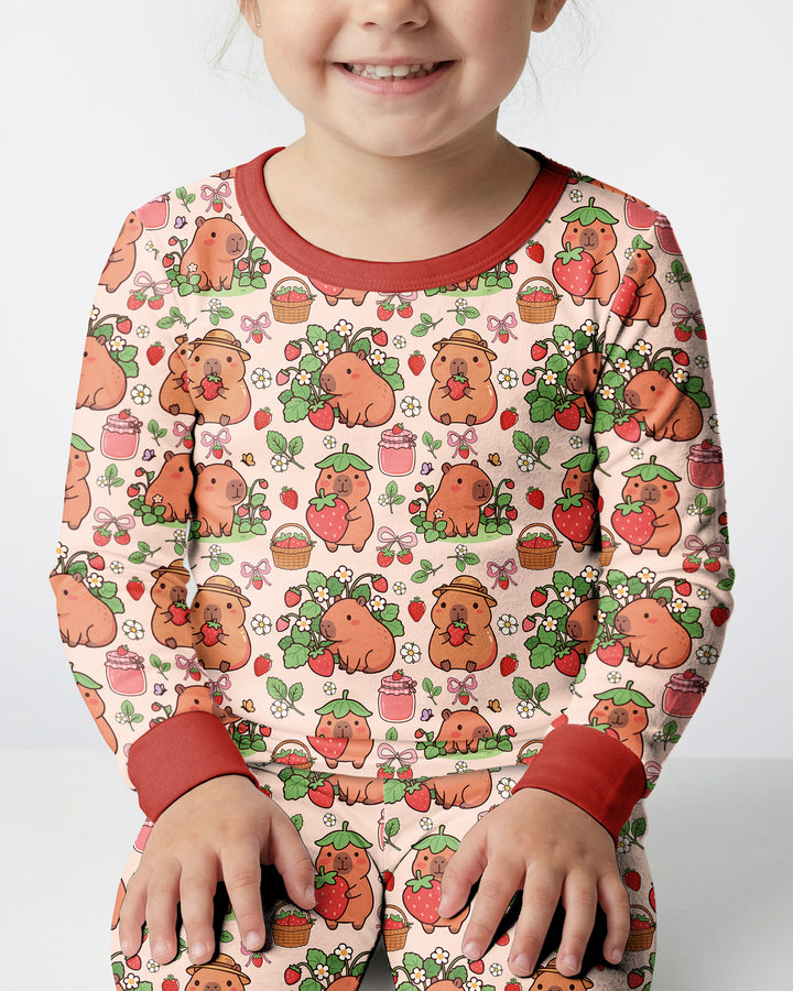 Capybara Strawberry Bamboo Two Piece Long Sleeve Pajama Set