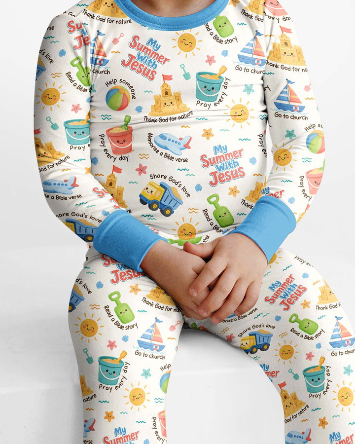 Colorful Summer Beach With Jesus Bamboo Two Piece Long Sleeve Pajama Set