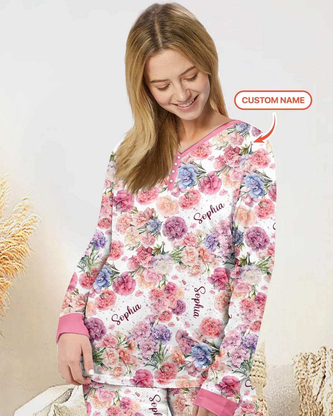 Benutzerdefinierter Name Geburtsmonatsblumen Bambus Damen Schlafanzug-Set