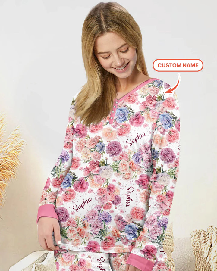Benutzerdefinierter Name Geburtsmonatsblumen Bambus Damen Schlafanzug-Set