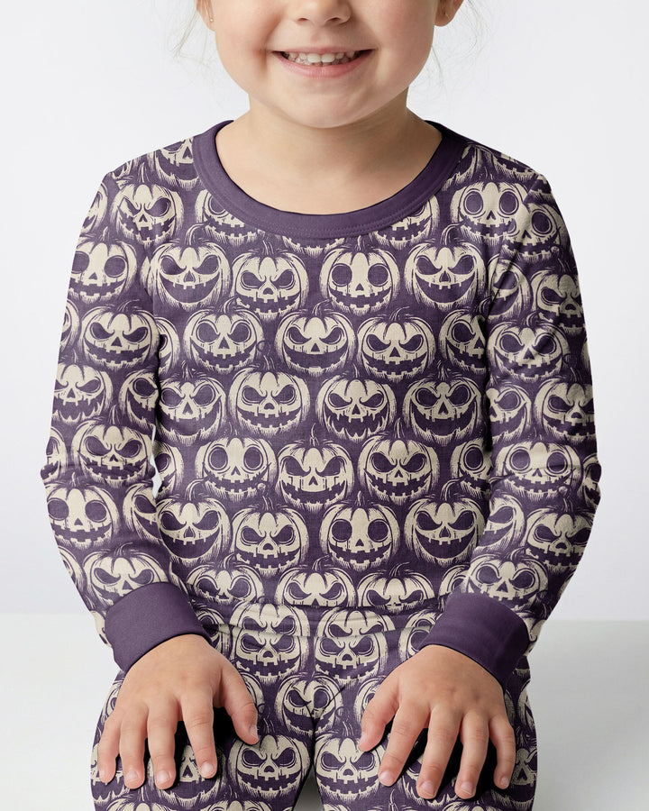 Retro Halloween Jack-O-Lantern Spooky Faces Bamboo Two Piece Long Sleeve Pajama Set